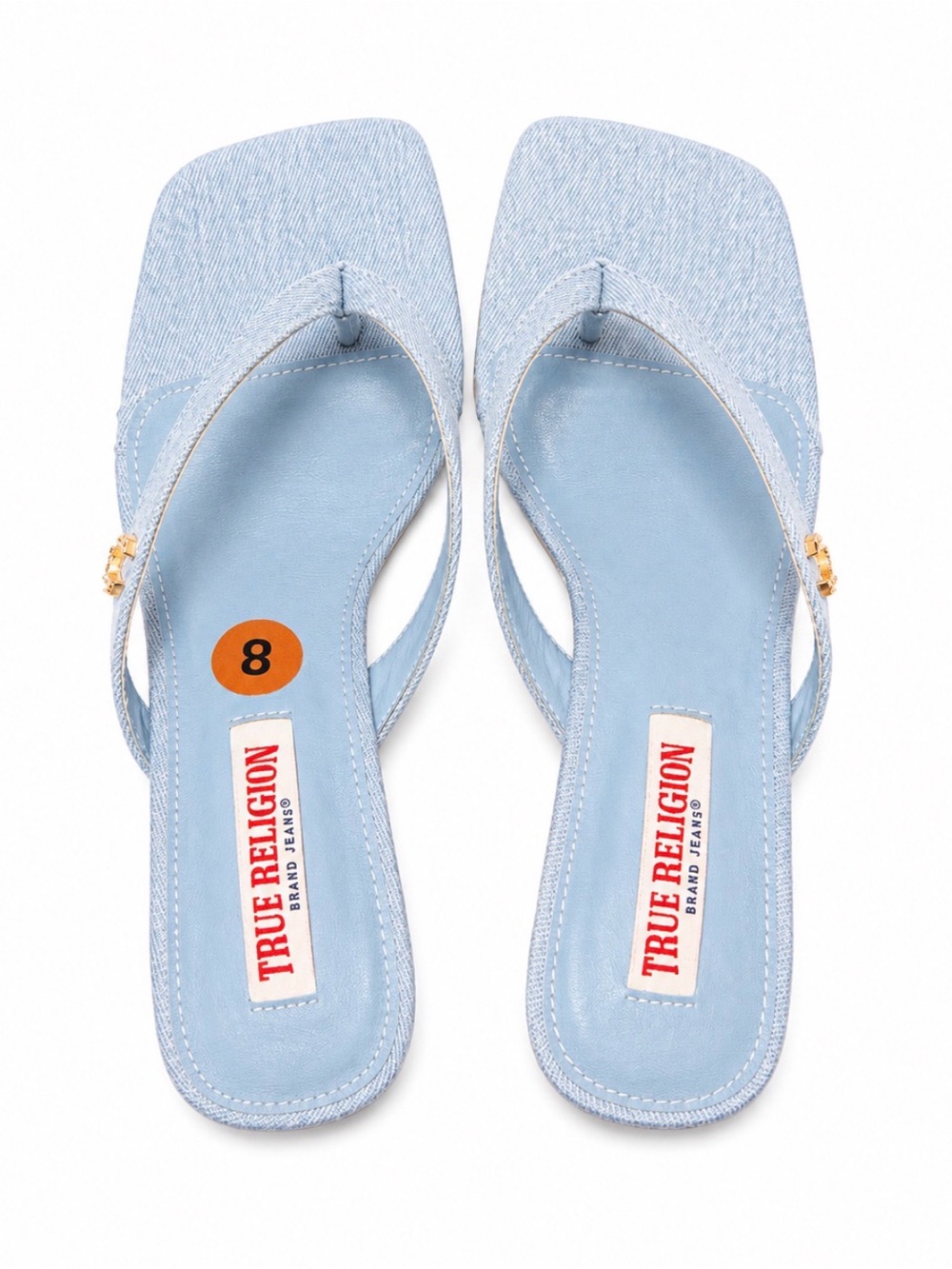 True Religion Light Blue Denim Thong Sandals with Gold Logo Accent